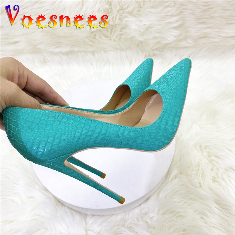 Voesnees Women New Snake Skin Pattern High Heels 12CM Pointed Toe Fashion Model Pumps Plus Size Blue Shallow Cut Single Shoes