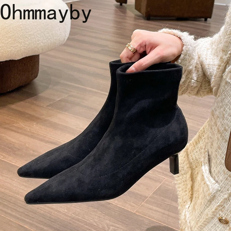 Toe Pointed Women Sock Short Boots Fashion Slip On Slim Ankle Booties High Heel Autumn Winter Ladies Shoes c3e3