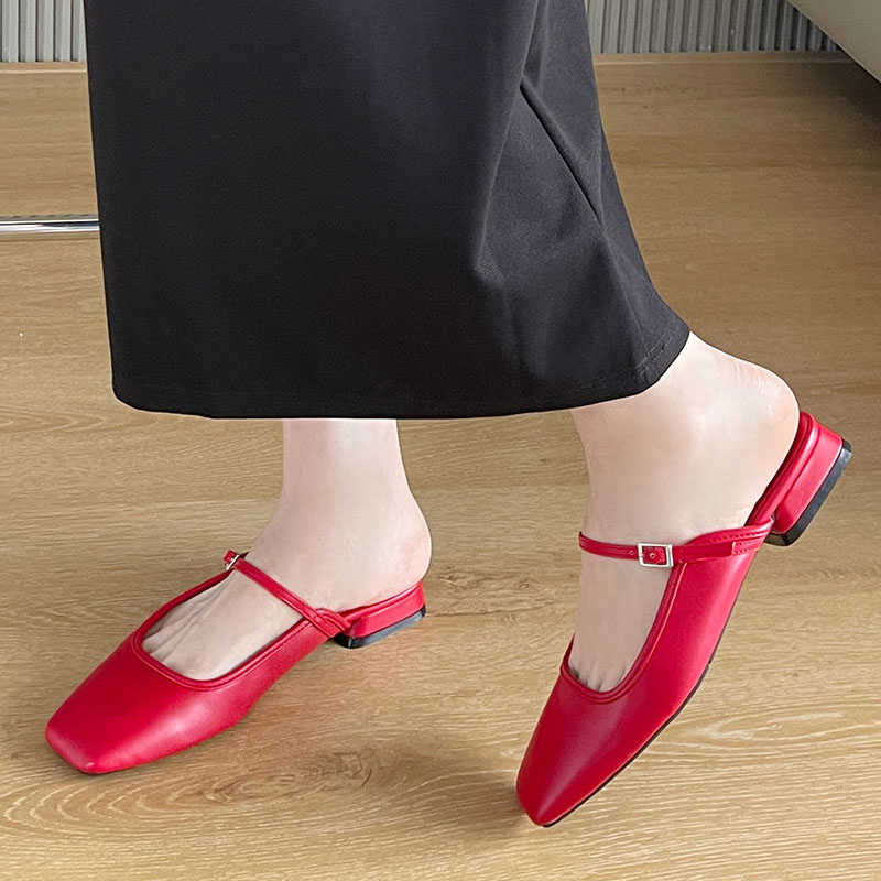 Female New Designer Fashion Square Toe Ladies Sandals Red Footwear Flats Slippers Mules Shoes New For Women 00dd