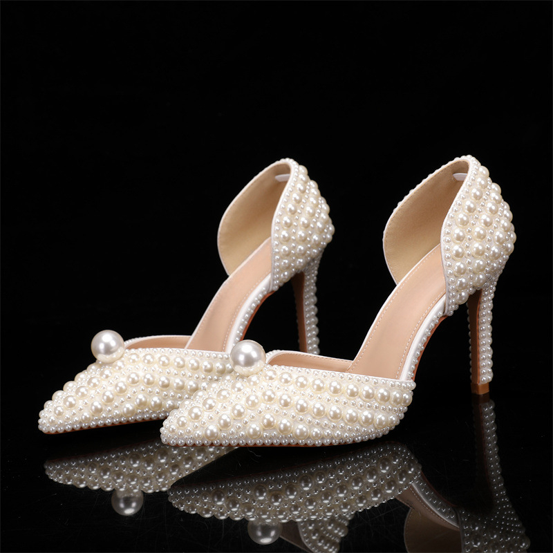 New All Pearl Shallow Mouth Summer Sandals Pointed Flat Bottomed/high Heeled Bride's Wedding Pearl Women Shoes Size 35-43