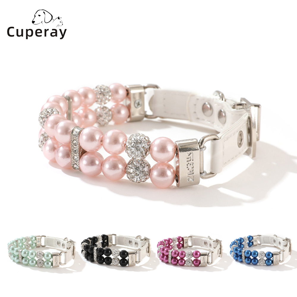 Dog Cat Pearl Collar with Crystal Rhinestones Dog Collar Necklace PU Leather Collar for Small Medium Dogs Wedding Birthday Party