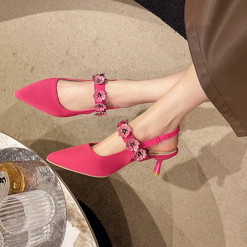 2024 New French Chunky Heel Mary Jane Spring and New Autumn Women Pointed Small Leather Sier Single Shoes f378