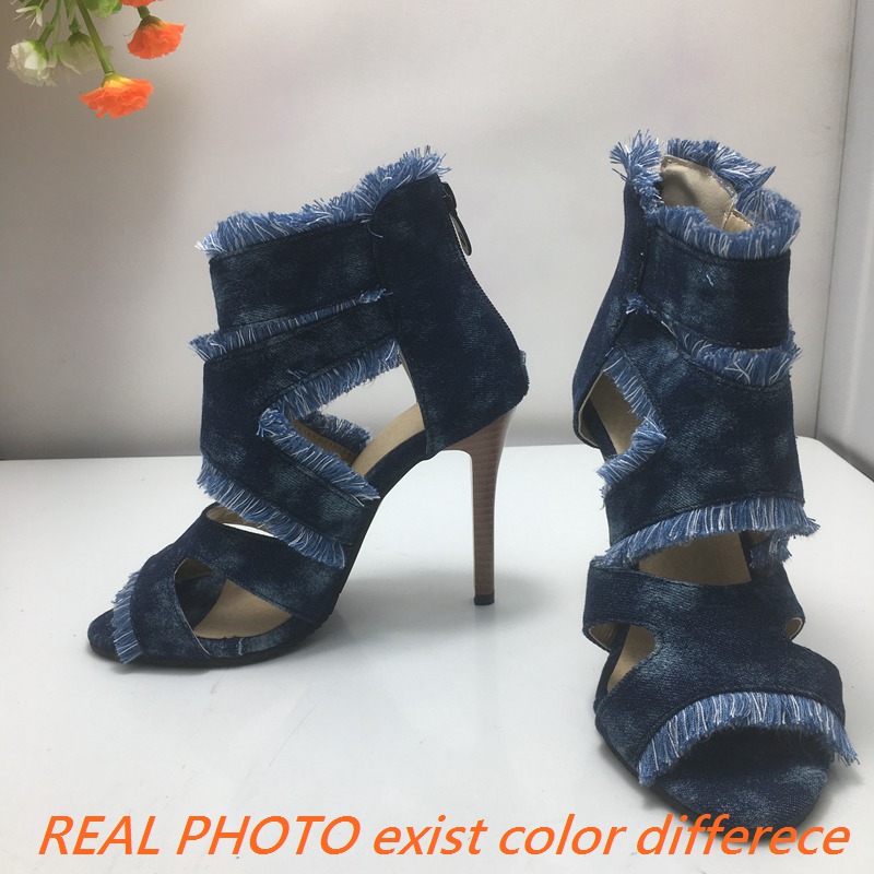 Design Fashion Women Sandals Peep Toe Stiletto Thin Heels 11cm Zipper Denim Plus Size 49 50 Party Dating Female Shoes