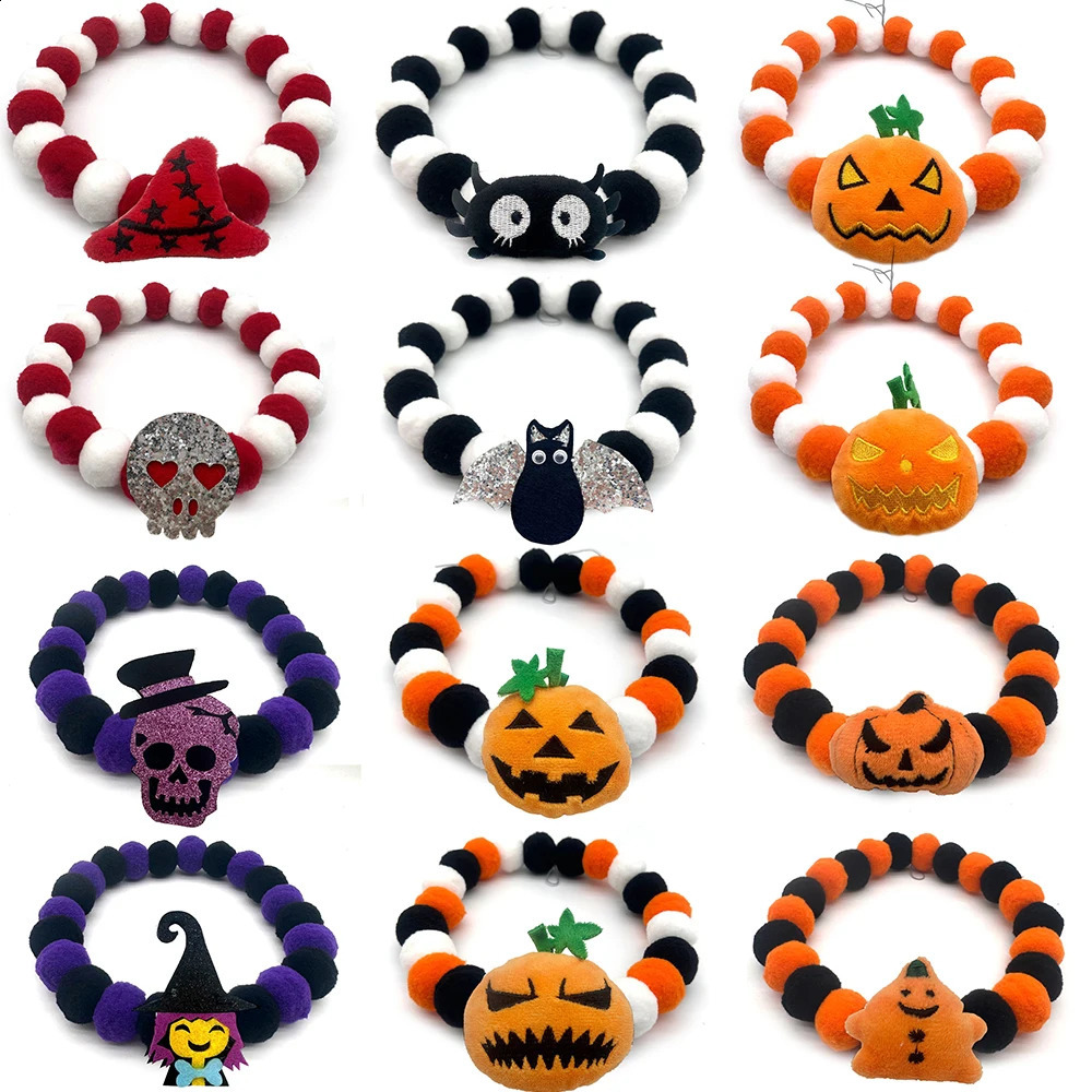 10 pieces of S/M/L/XL bulk Halloween pet dog cat bow polyester plush ball necklace pet dog collar beauty accessories pet supplies 240914