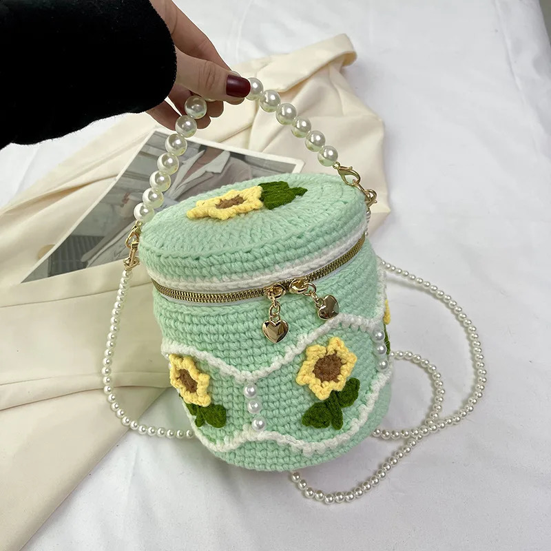 Hand woven flower crochet bag knitted bucket shape casual pearl chain shoulder cross shaped 240913