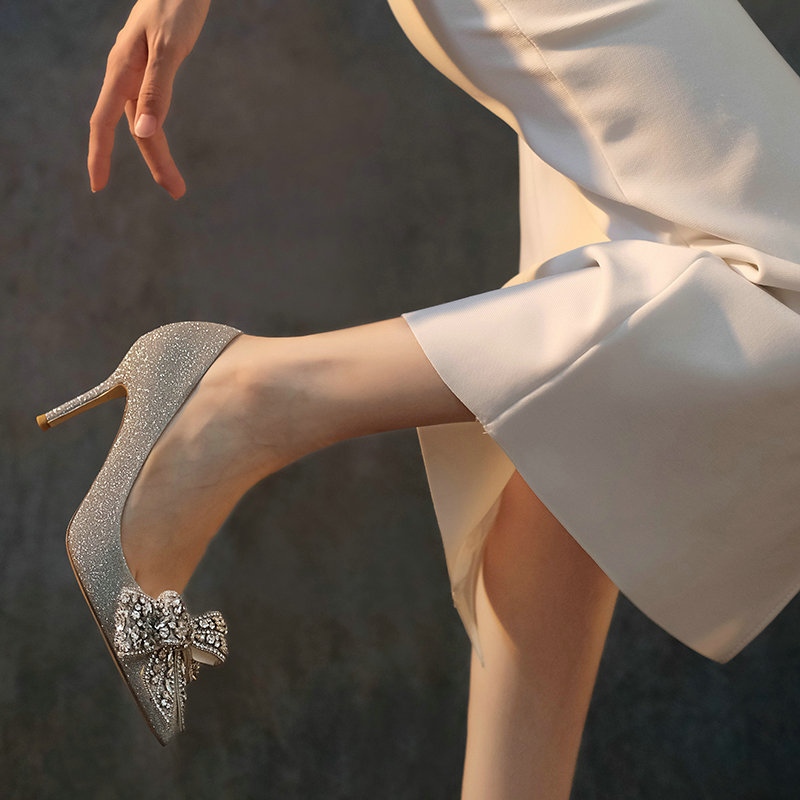 Luxury Wedding Shoes 2024 New Silver Rhinestone Bow Sequined High Heels Female Stiletto Bridal Shoes