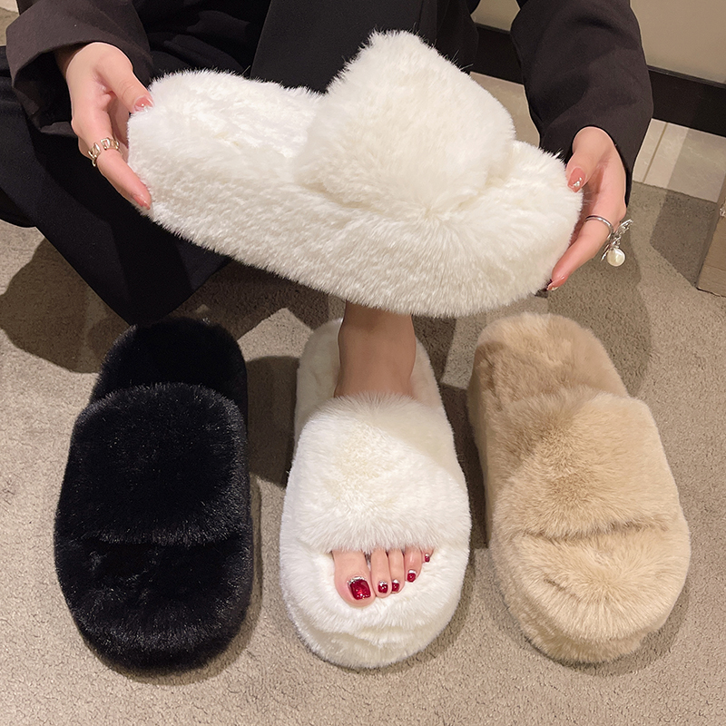 Slippers House Platform Women Shoes Heeled Mules Slides Pantofle Fur Flip ps Designer High Flat 2023 Plush Soft PU Fas b63a