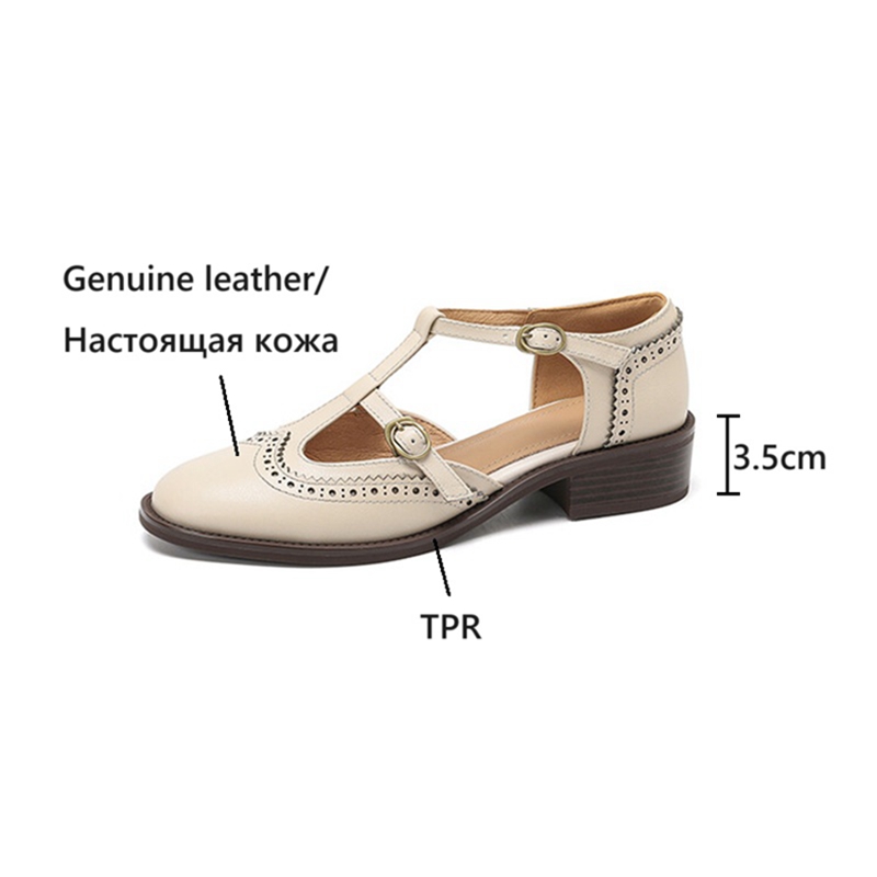 Summer NEW Sandals Genuine Leather for New Women Round Chunky Toe Brogue Cover Heel Black Shoes 8767