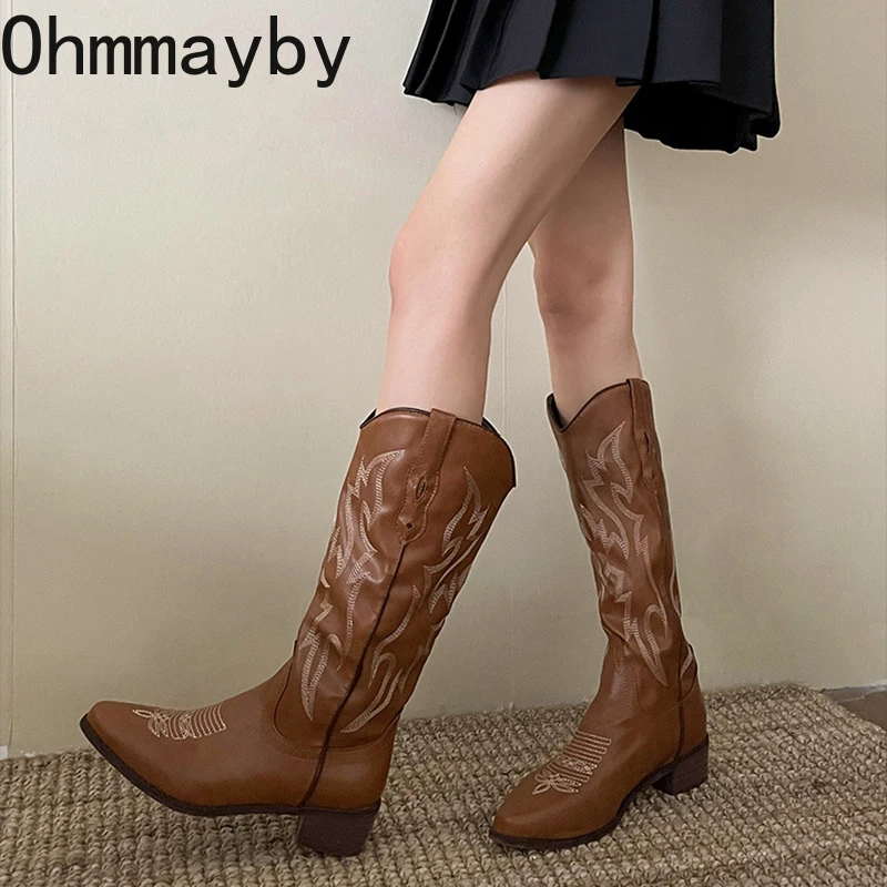 V Vintage mouth Women Western Knee-High Boots Fashion Pointed Toe Shoes Autumn Winter Thick Heel Ladies Knight Long Booties f92e