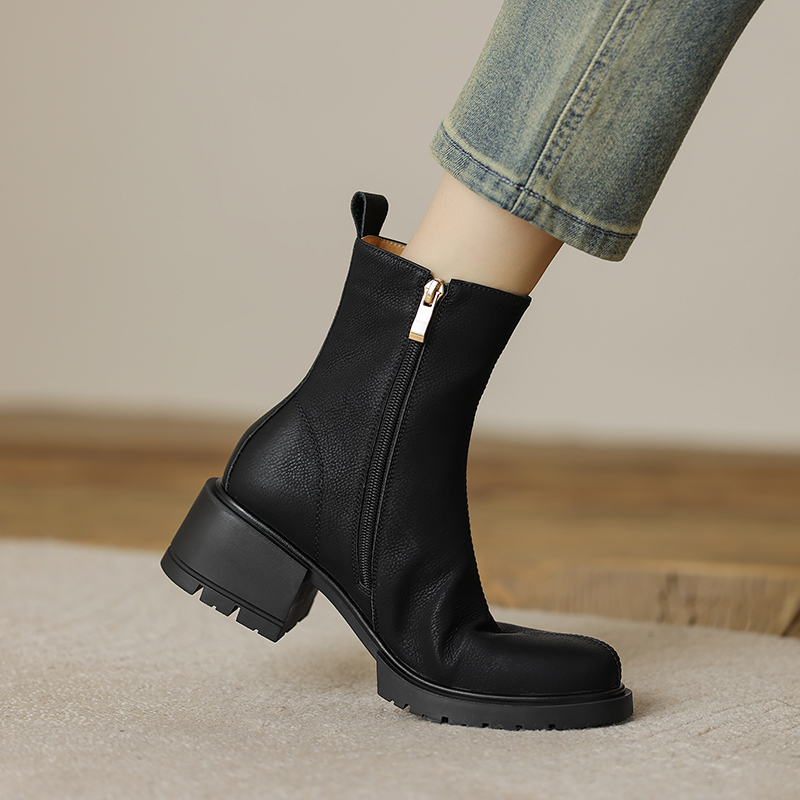 2024 Winter Genuine Leather Women Boots Round Toe Chunk Heel Platform Shoes Solid Chelsea Boots Casual Women Shoes Green Boots