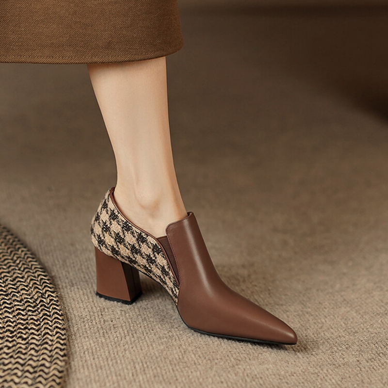 Spring NEW Women's Pumps Genuine Leather High Heels Pointed Toe Chunky Heel for Women Lattice Cotton Fabric New Handmade Shoes d493
