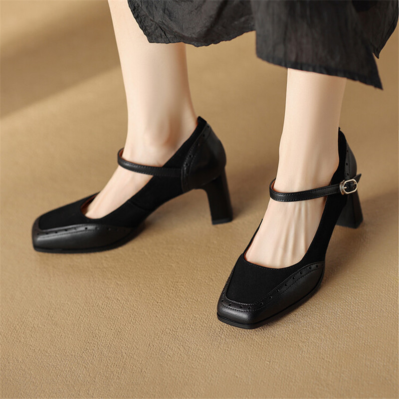 2025 new Spring New Sheep Suede Square Toe Pumps Fashion Brogue Designs Mary Jane Shoes for Women Chunky High Heels bba6