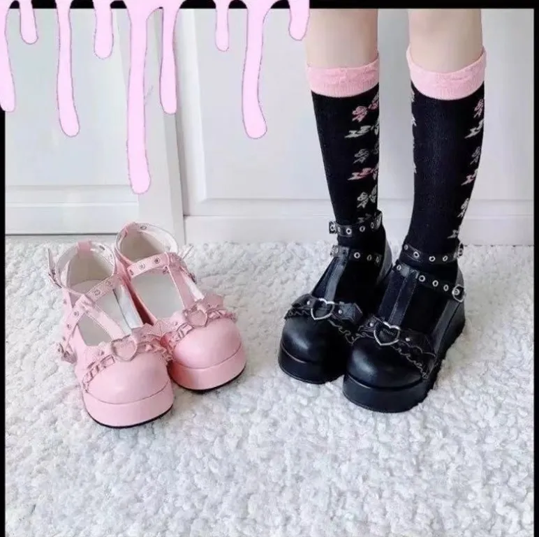 Sweet New Heart Buckle Wedges New Mary Quality Janes Women Pink T-Strap Chunky Platform Lolita Woman Punk Gothic Cosplay Shoes 43 C6d7