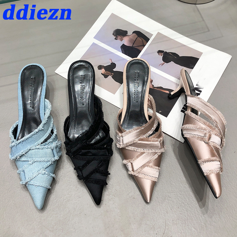 Heel Medium For Ladies 2023 Designer Fashion Denim Female Pointed Toe Pumps Heels Mules Slides Elegant Women Shoes 049d s