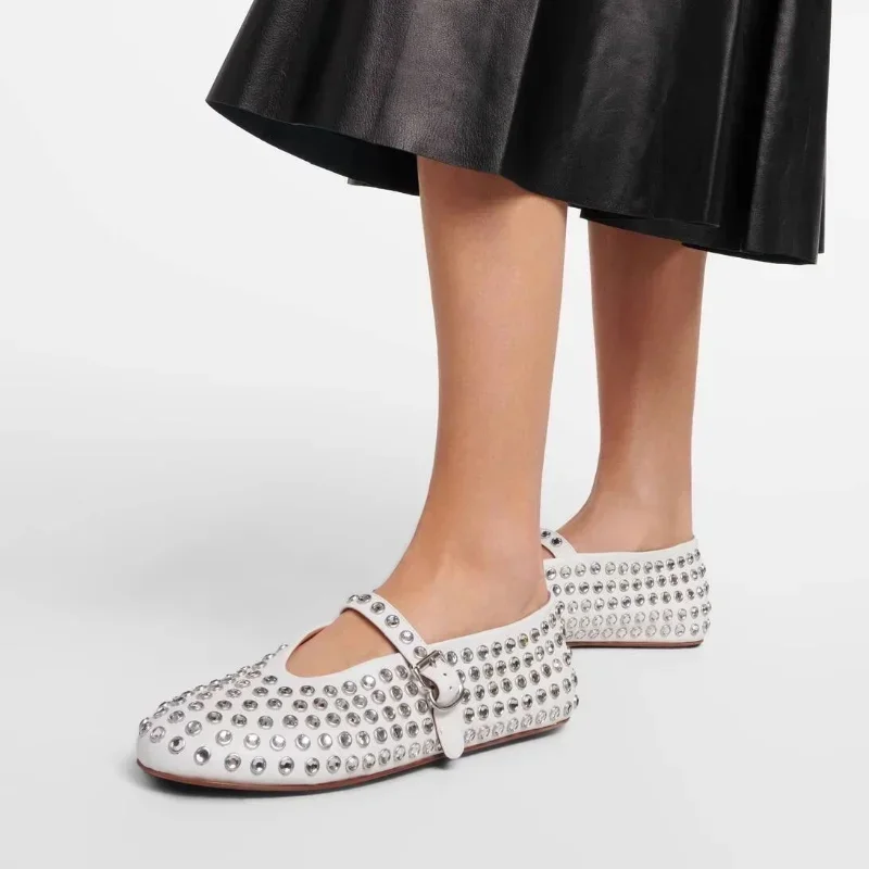Women's Rhinestone Rivet Single Shoes women New Round Toe Hollow Belt Buckle Comfortable Flat Dance Ballet Mary Jane Shoes