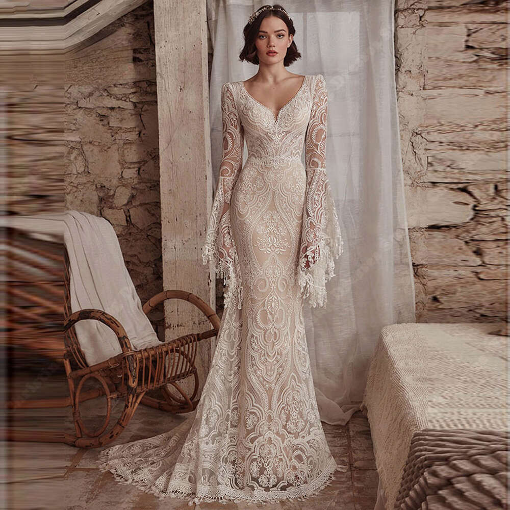 Vintage Wedding Dresses Beach Tulle Long Sleeves Bohemian Bridal Gowns 2024 Mopping Length Lace Appliques Women Robes