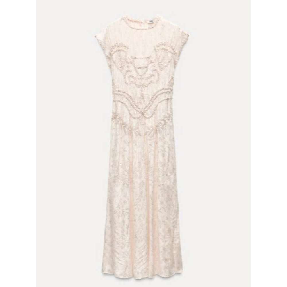Fashion Jacquard Satin Round Neck Maxi Dress For Women Elegant Short Sleeve Long Dresses 2024 New Summer Lady Party Evening Gown