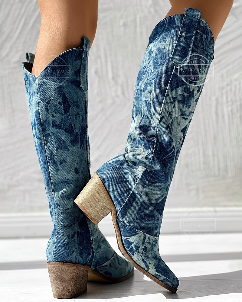 Boots Women Chunky Heel Cowboy Style Washed Denim Retro Long Boots Thick Heel Western Cowboy Knee-high Knight Ethnic Boots