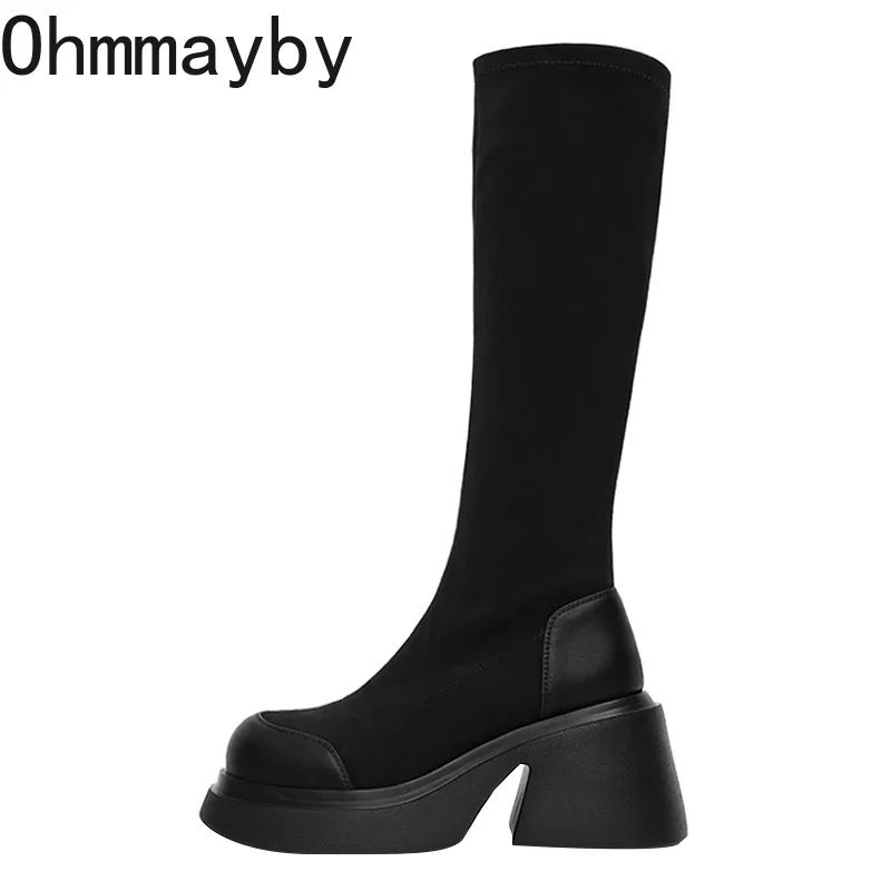 Women Platform Knee High Fashion Slip On Knight Long Boots Square Heels Autumn Winter Ladies Shoes 3384