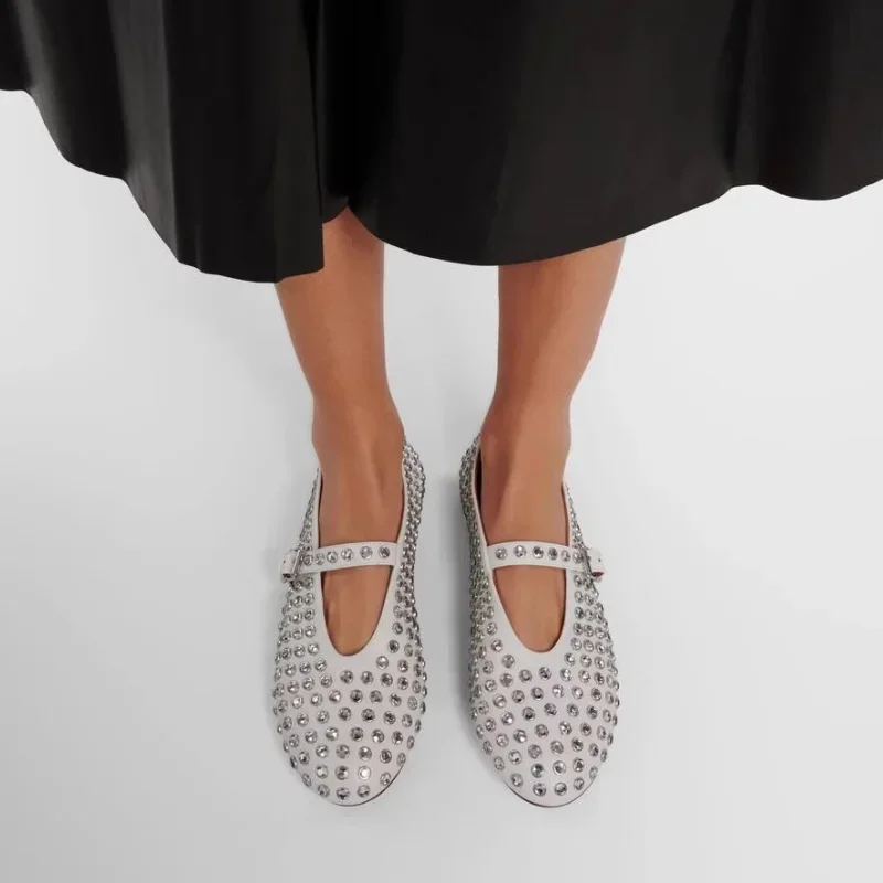 Women's Rhinestone Rivet Single Shoes women New Round Toe Hollow Belt Buckle Comfortable Flat Dance Ballet Mary Jane Shoes