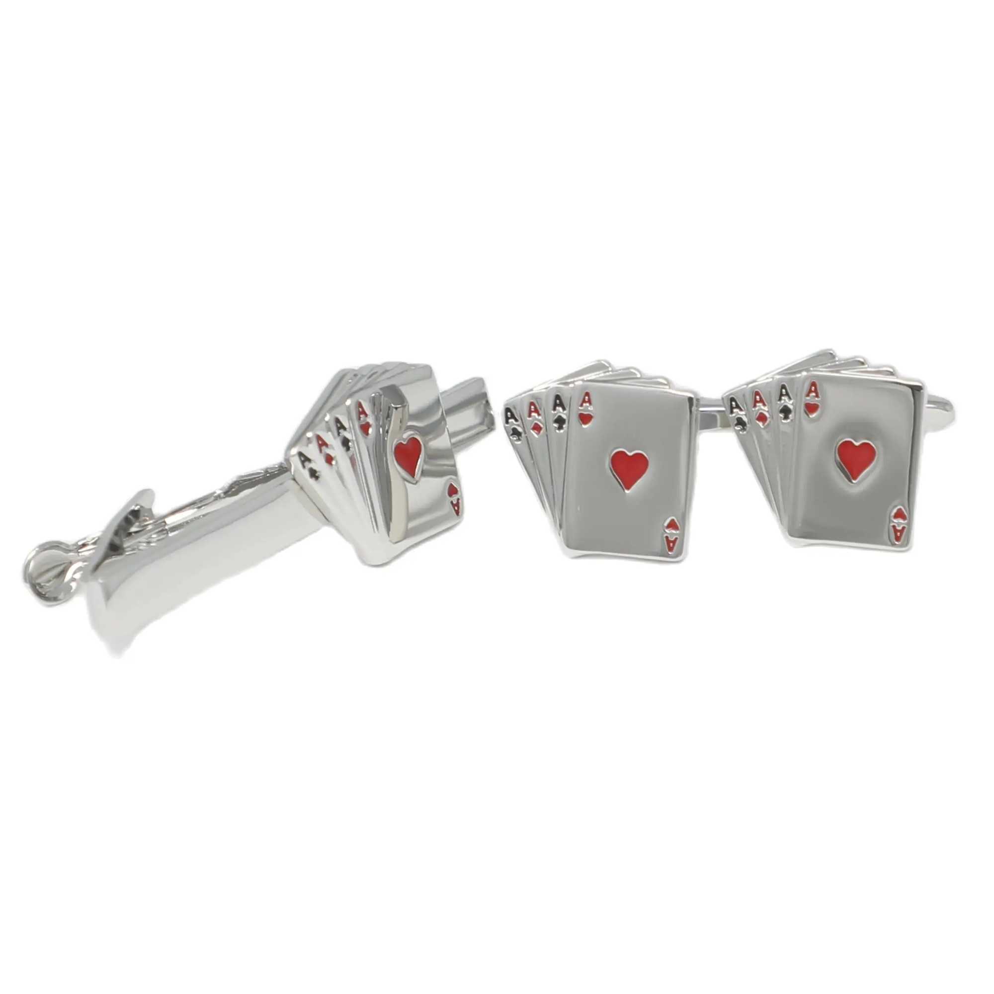 Poker Card Red Heart Cufflinks Tie Bar Set Four Aces Casino Cufflinks Tie Clip Set Fathers Day Men Birthday GiftX240914