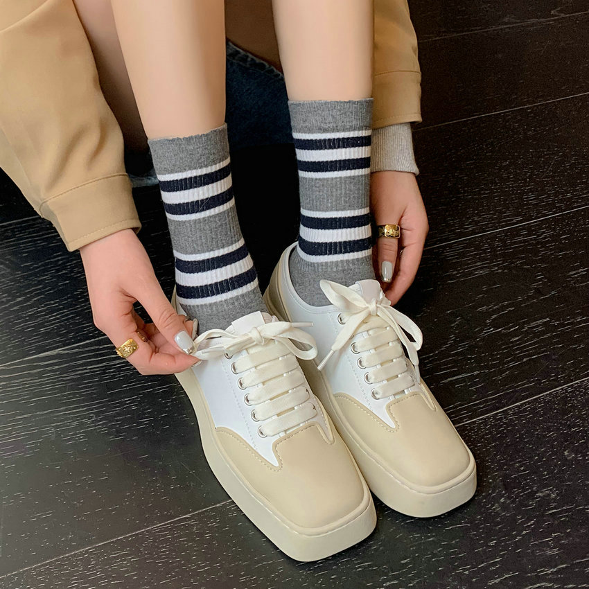 Spring 2023 Summer Women Sneakers Genuine Leather Mixed Color Low Heel Square Toe Platforms Shoes Woman Size 35-40 c510