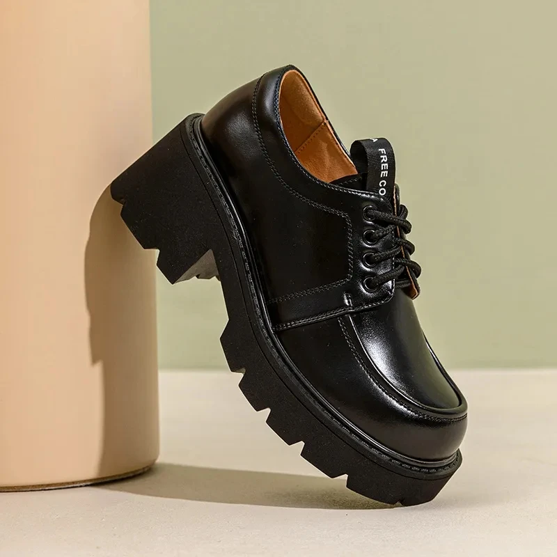New Women's Oxford Shoes Lace Up Loafers Retro Style Split Leather Material Chunky Platform Round Toe Handmade Shoes