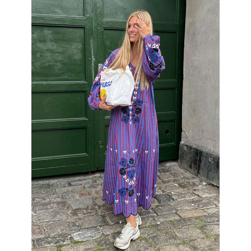 Vintage Printed Striped Color Blocked Long Dresses Women Casual V-Neck Puff Sleeve Loose Dress 2024 Autumn Lady High Streetwear