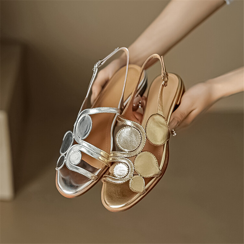 2024 Summer Sandals Sheepskin Round Toe Women Sandals Chunky Heel Women Shoes Low Heel Shoes for Women Hollow Out Ladies Shoes