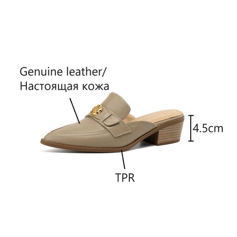 Summer NEW Mules Genuine Leather Shoes for Women Cover Chunky Heel Slippers Pointed Toe Sgback wer Beige Sandals c797 d75