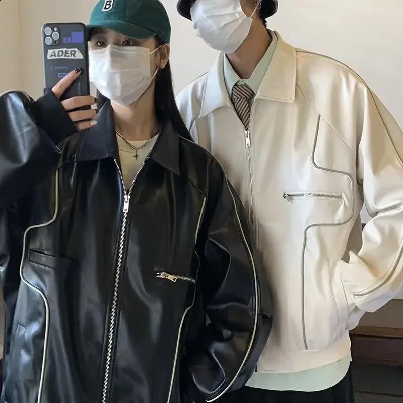 Double Thin UP Retro Leather Jacket American Retro Hip Hop Y2K Loose Lovers Thin Baseball Clothing Street Racing Clothing Jacket 240911