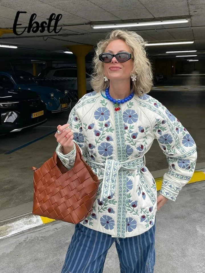 Casual Print Quilted Belt Coats Women O-neck Single Breasted Long Lantern Sleeve Jackets 2024 Autumn Winter Female Outwear 240912