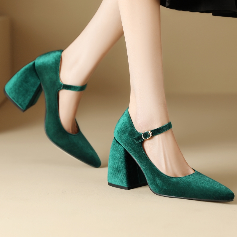 Square Designer High Heels Mary Janes Veet Black Green Heeled Dress Pumps Women Large Size Office Party Wedding Shoes 7834