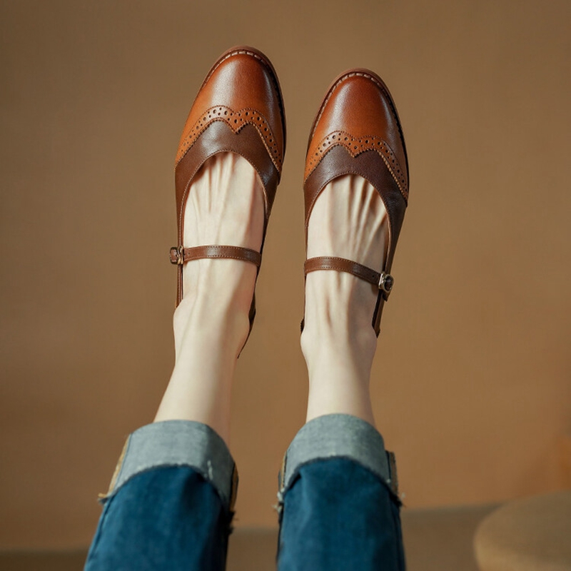 Spring/Fall 2023 Pumps Genuine Leather Round Toe Chunky Low Heel Women Shoes Retro Mary Janes 0be7