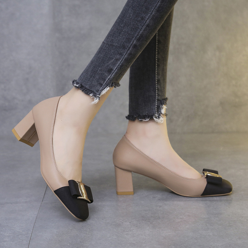 2021 spring new mid-heel thick heel metal square buckle leather temperament pumps square toe single shoes high heels women