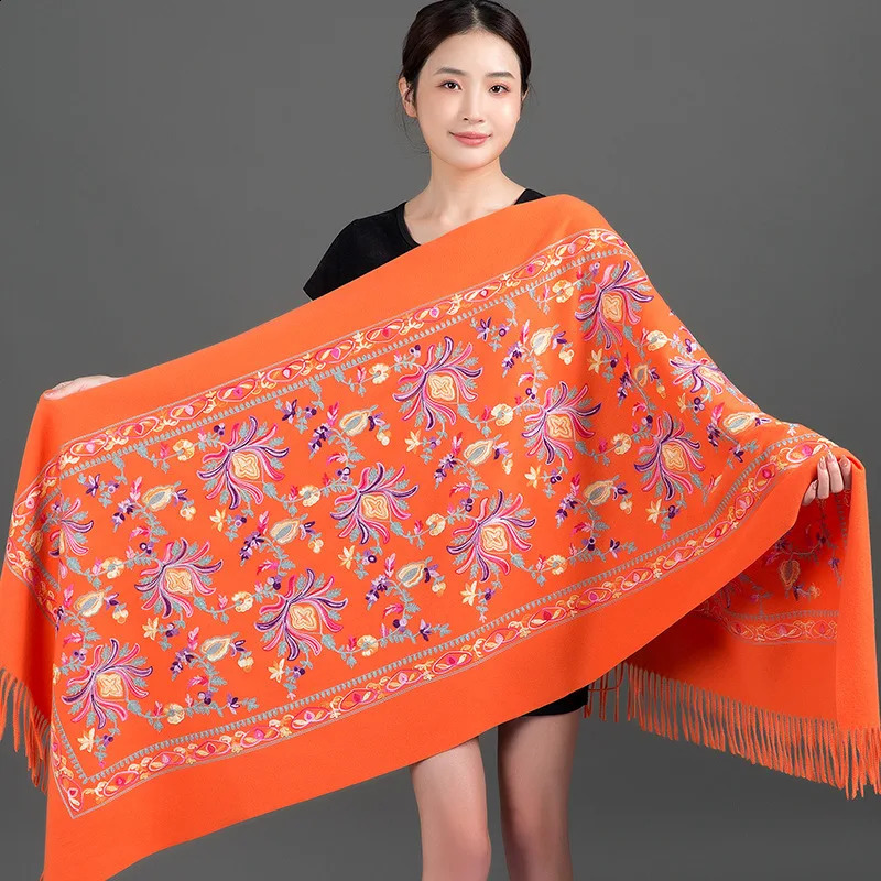 Embroidery Flower Cashmere Pashmina Women Thick Warm Winter Scarf Soft Tassel Shawls Lady Wraps Bandana Foulard Blanket Scarves 240909