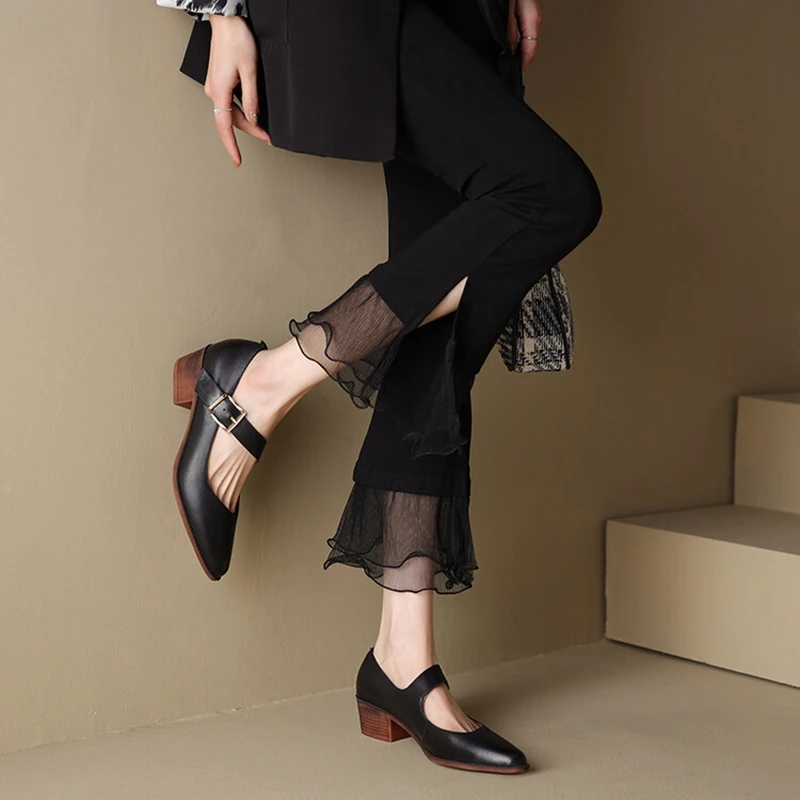 Spring/Fall NEW Pumps Genuine Leather for Women Pointed Toe New Chunky Mid-Heel Mary Janes Retro Belt Buckle Shoes 91c9
