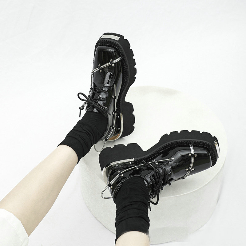 Spring Decoration Platform Shoes Lady Leather British Style Square Derby Shoes Black Thick Heel Lady Boots