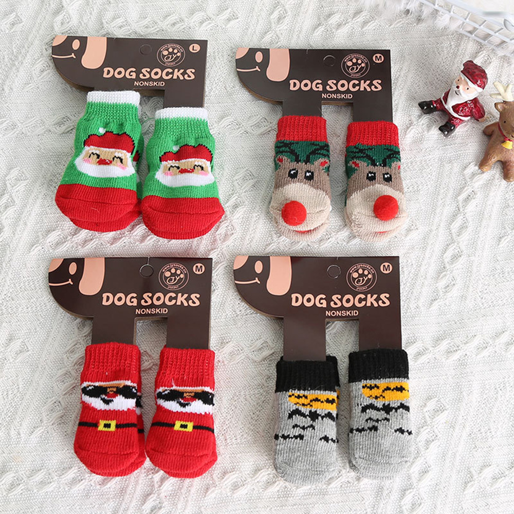 4pcs/set Christmas Winter Dog Socks Cute Pattern Foot Covers Warm Anti Slip Shoes Puppy Paw Protector Gift For Puppy Cat Dogs