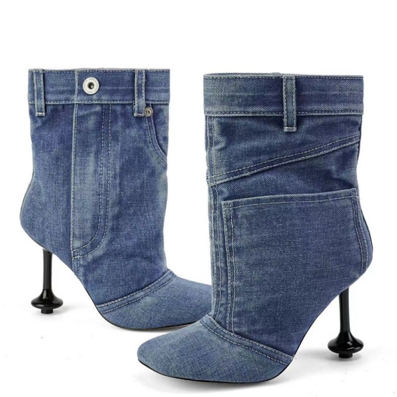 Spring Autumn New Irregular Heel Denim Skirt Edge Trouser Boots European American Women's Sewing High Heels Fashion Short Boots