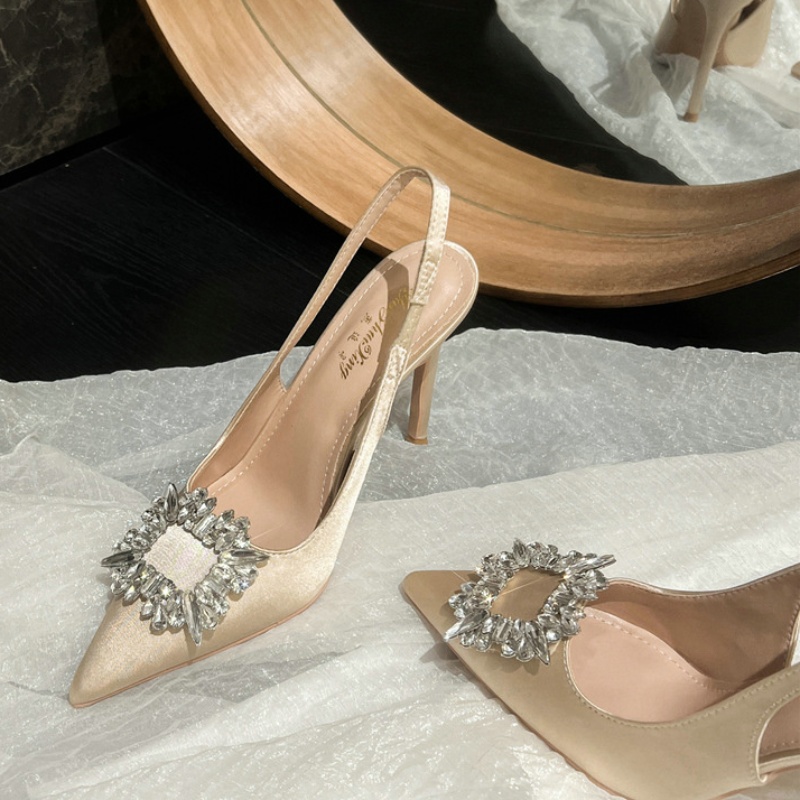 2024 Summer New Pointy French Satin High Heels Women's Thin Heels Square Buckle Rhine-diamond Wedding Shoes
