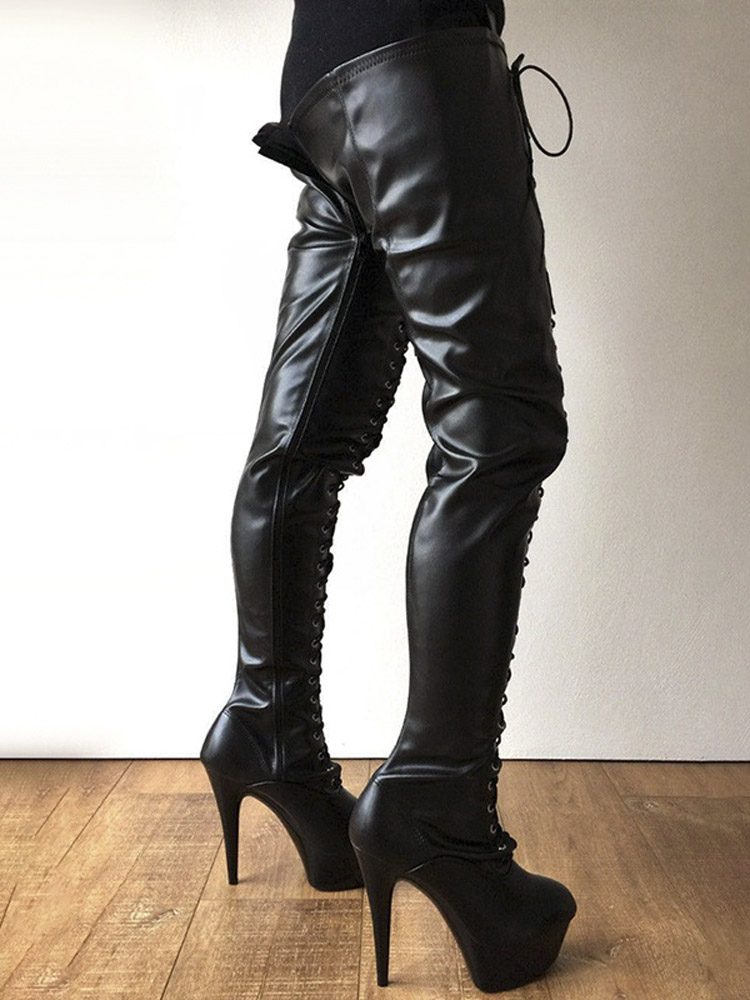 Black Lace Up shiny Over The Knee Boots Exotic Dancer 15cm Gladiator Thin Strip Heels Round Toe Nightclub Catwalk Sexy Fetish