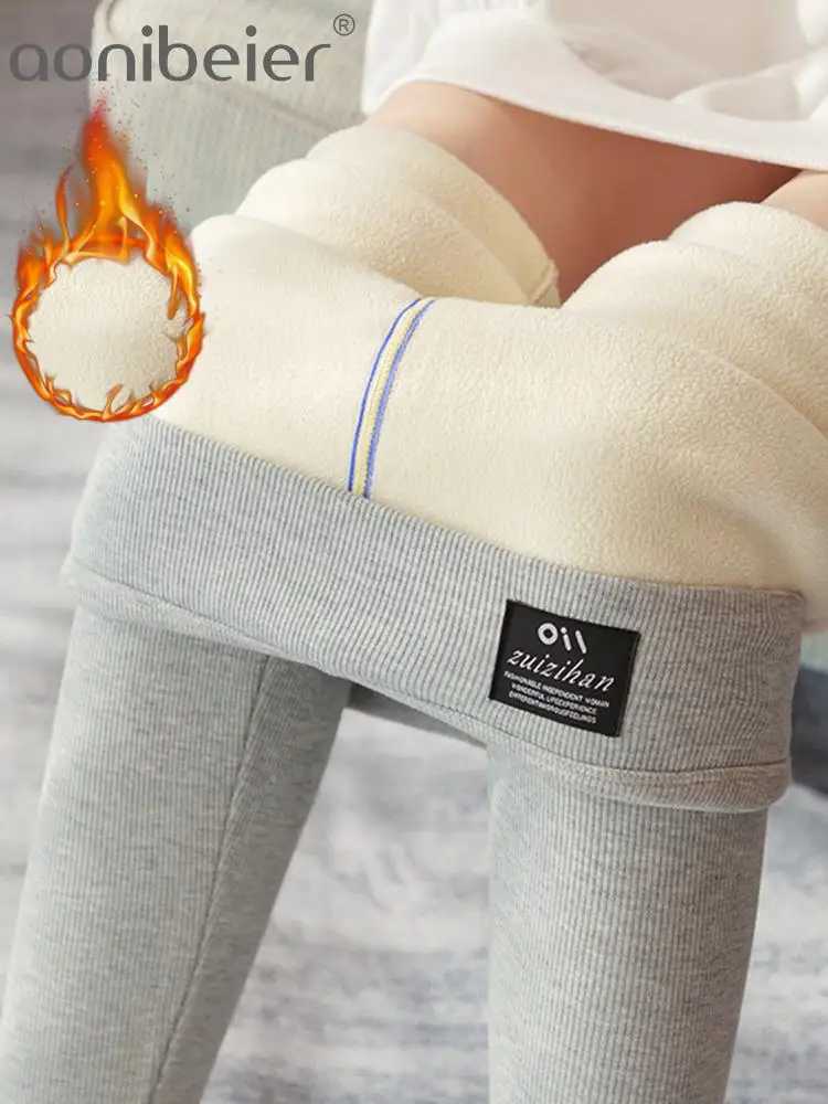 Aonibeier Warm Thick Women Fleece Leggings Traf 2023 Winter Embroidered Stretch Skinny Pencil Pant Faux Lambswool Tights LeggingX240914