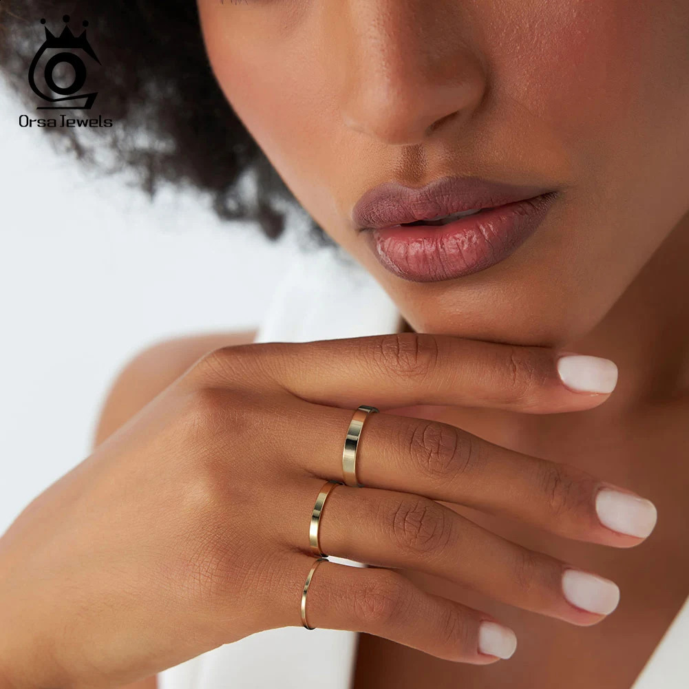 ORSA JEWELS 925 Pure Silver Minimalist Ring Smooth Womens 14K Gold 1/2/3mm Stacked Ring Fashion Jewelry Gift APR33 240905