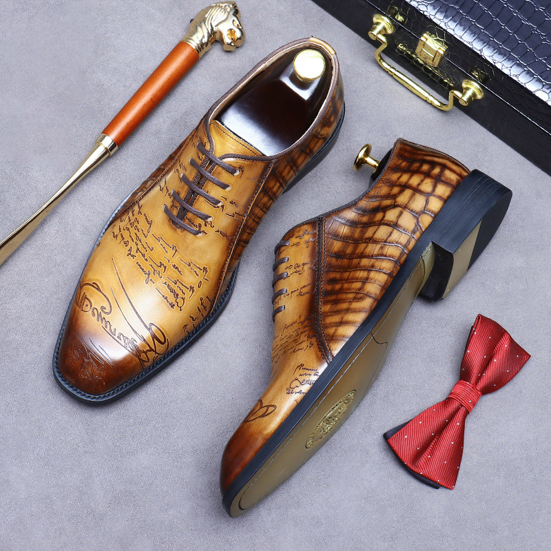 Italian Design Hand Painted Letter Men Wedding Dating Shoes Genuine Leather High Quality Formal Business Dress Shoes