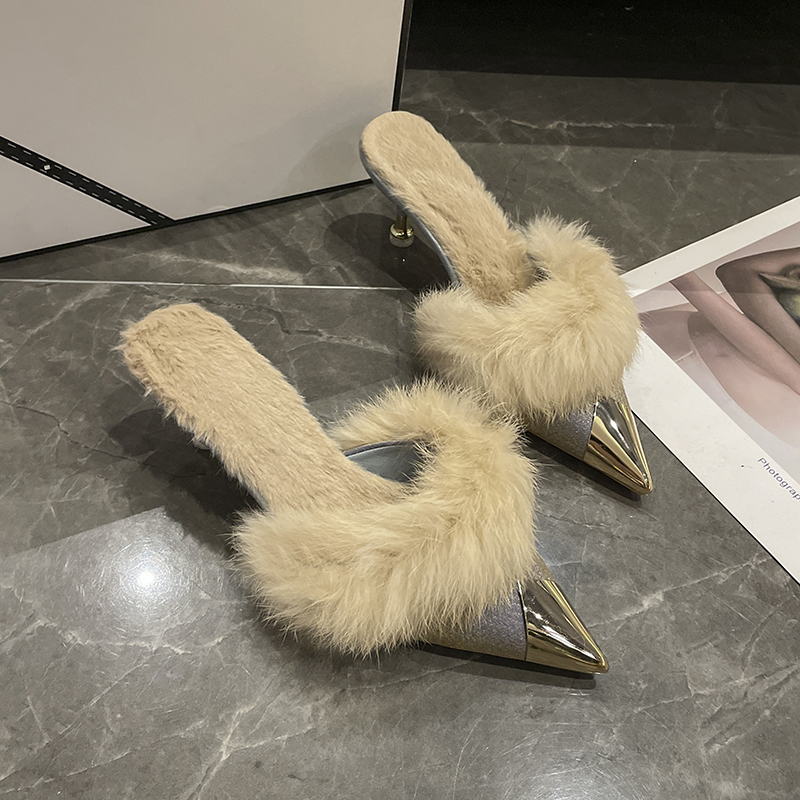 High Heel Shoes Fur Slippers Women Mules Pointed Toe Furry Slides Fashion Elegant Designer Flip ps Office Pumps 0f4a