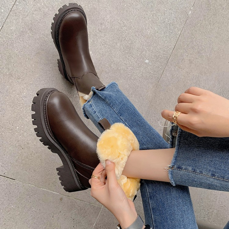 Round Autumn Toe Thick Heel Genuine Leather Winter Blended Wool Platform Snow Boots Warm Shoes for Women 0659