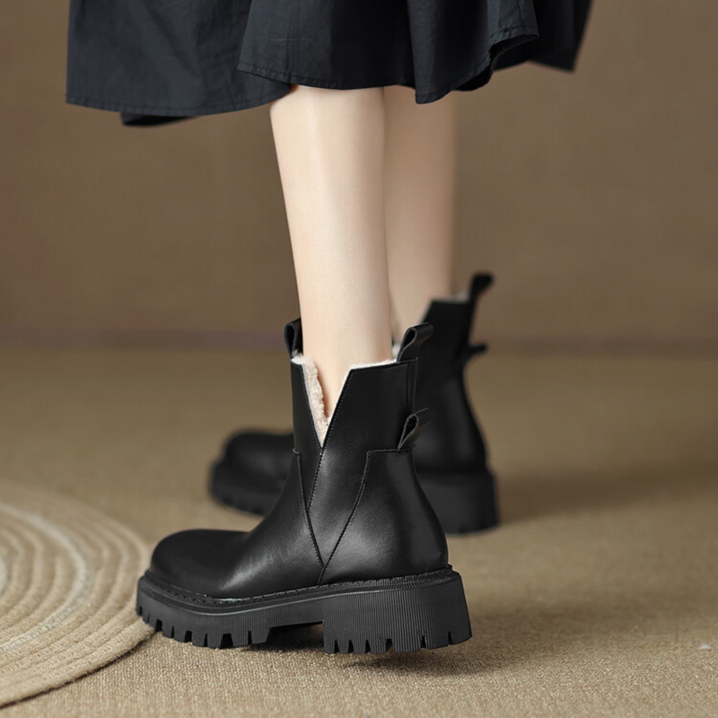 Round Winter Toe Chunky for Split leather Shoes Women Thick Heel Casual Wool Warm Snow Boots 8e5c