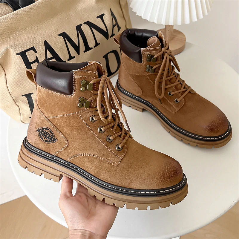 Round Quality Toe Men's Desert Winter Casual Leather Outdoor Stylish Ankle Boots Fashion British Anti Slip High Top Shoes 1cfc 9894