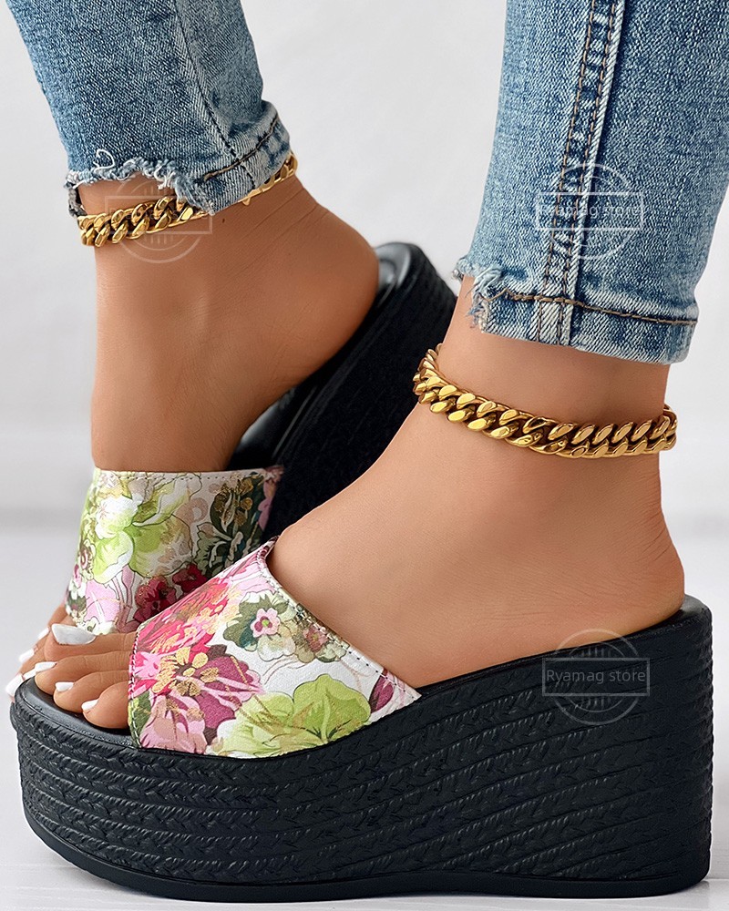 Sandals for Women Floral Print Peep Toe Platform Wedge Sandals Slip on Cool Slippers Soft Soled Non Slip Flat Beach Dark Heeled